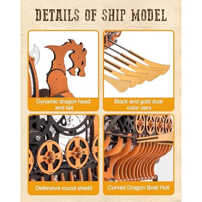 LK802 VIKING DRAGON SHIP MECHANICAL WOODEN PUZZLES, 229 PIECES 3D PUZZLES FOR ADULTS, CRAFTS FOR ADULTS HOBBY BUILDING KIT - Image 3